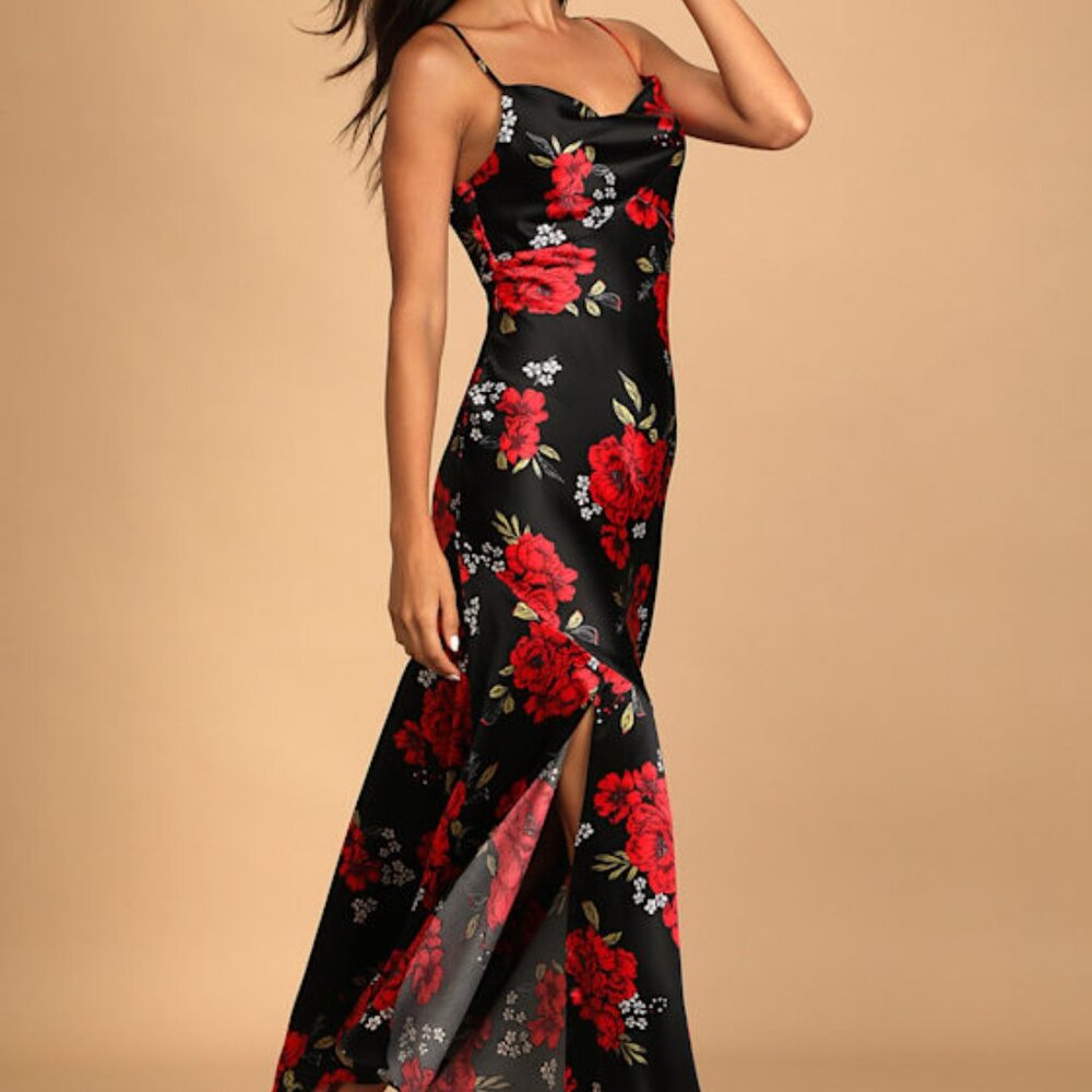 Lulus Extra Sultry Black Floral Print Satin Cowl Neck Maxi Dress - Size M
